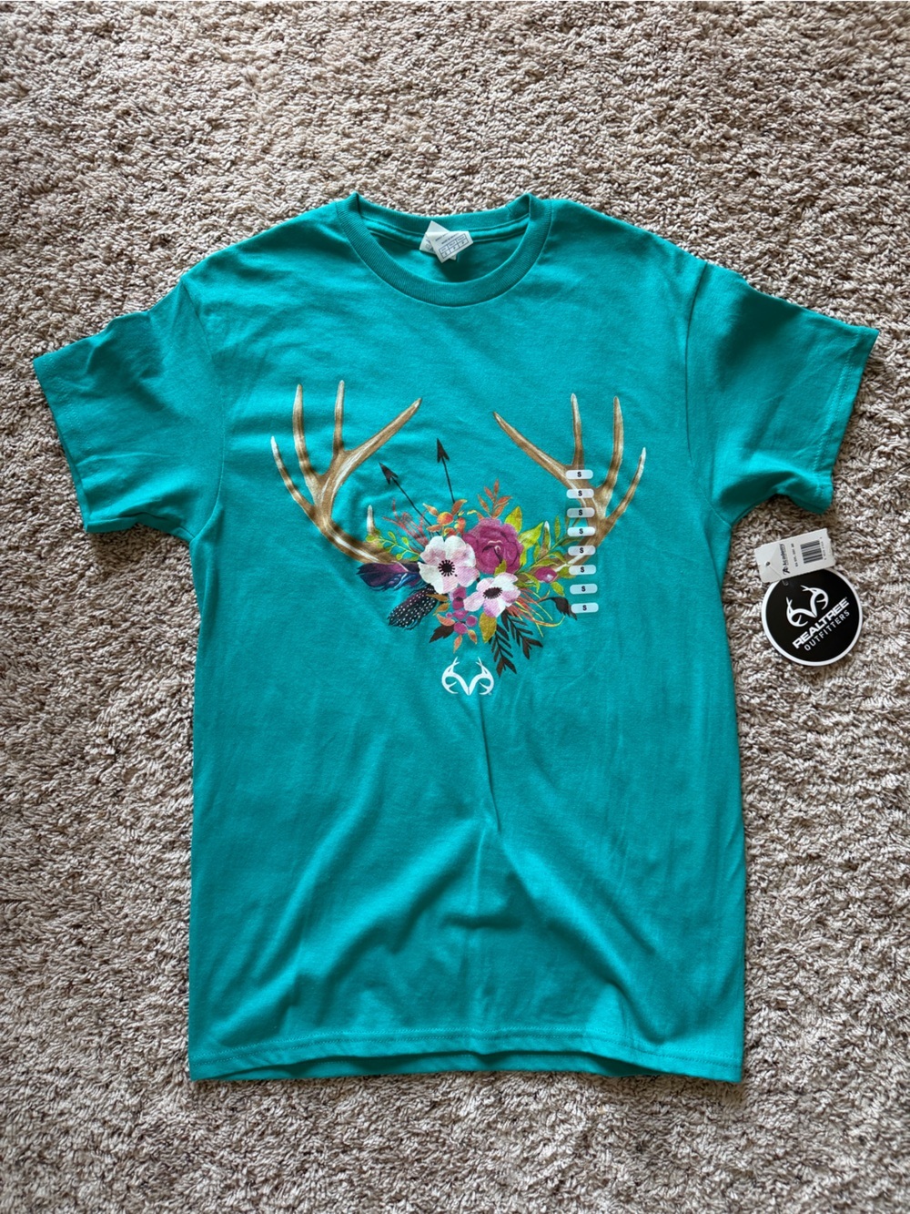 Delta Pro Weight Realtree Academy Women’s Tshirt, Teal, Deer Antlers, Small
